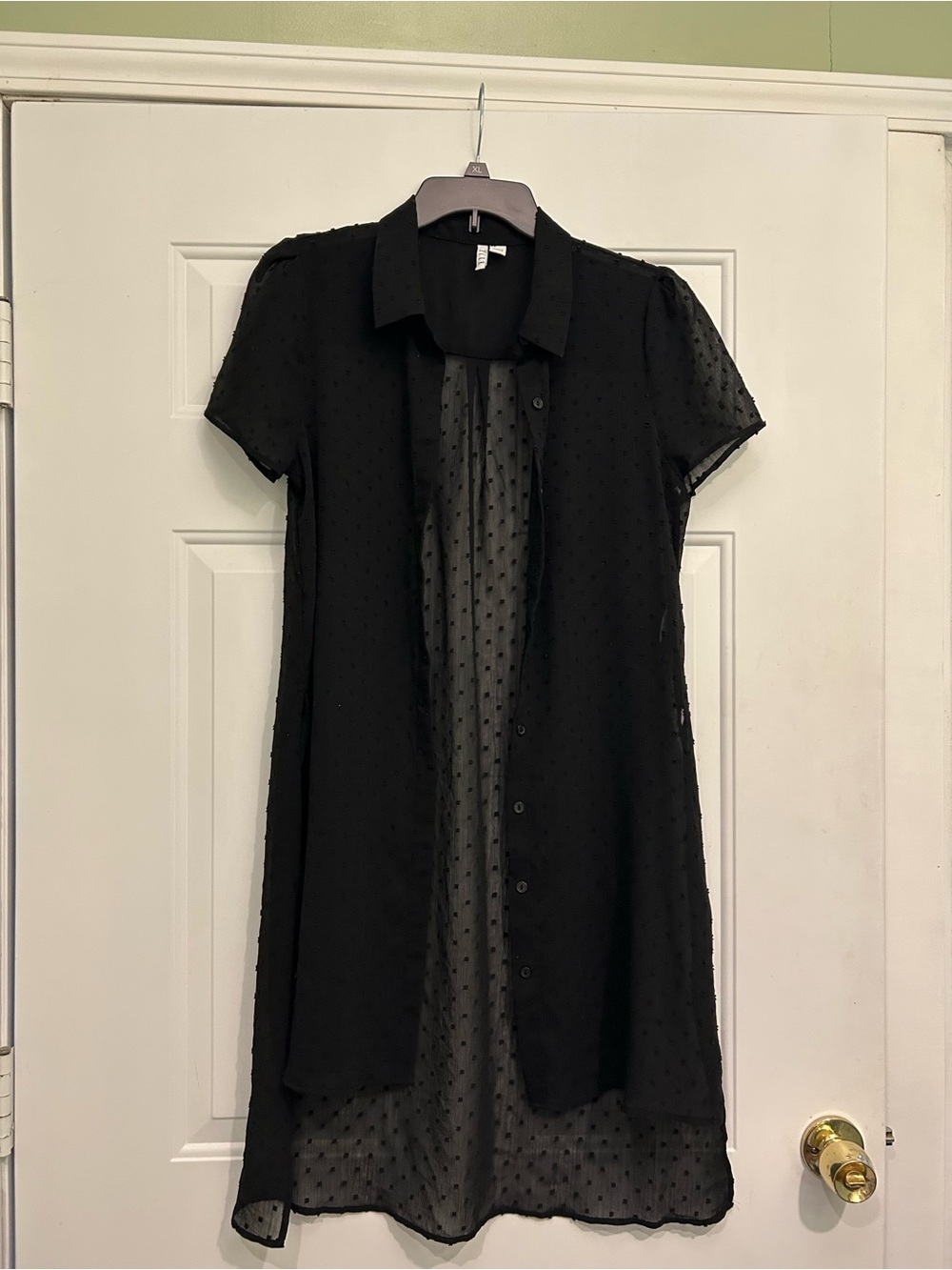 Elle Black Sheer Swiss Dot Button-Down Tunic/Cover-Up M